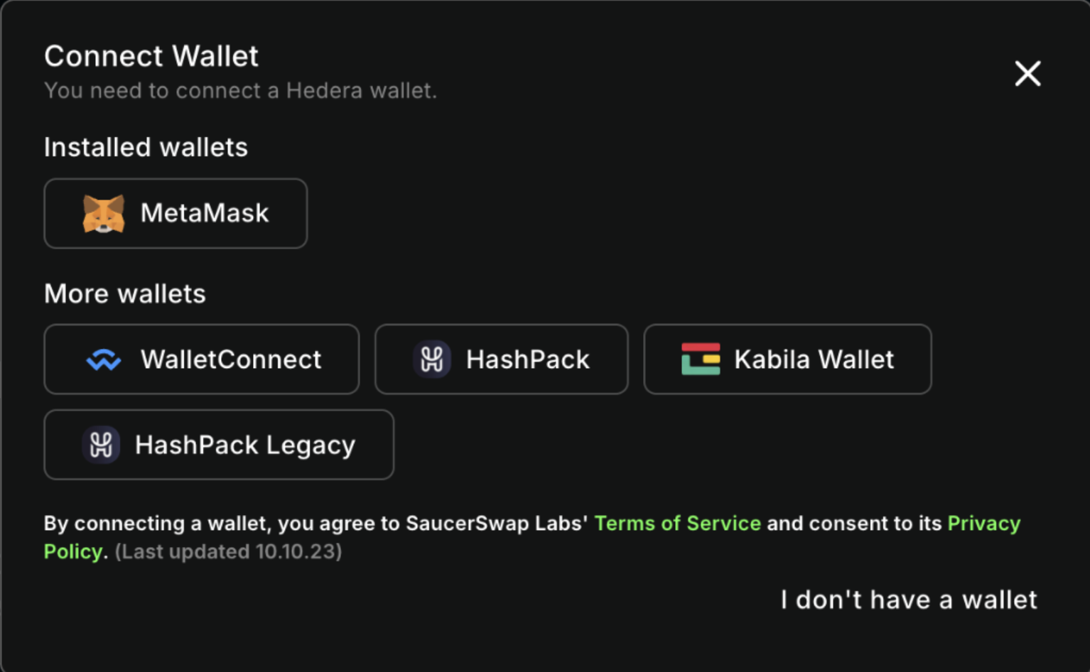 A wallet screen